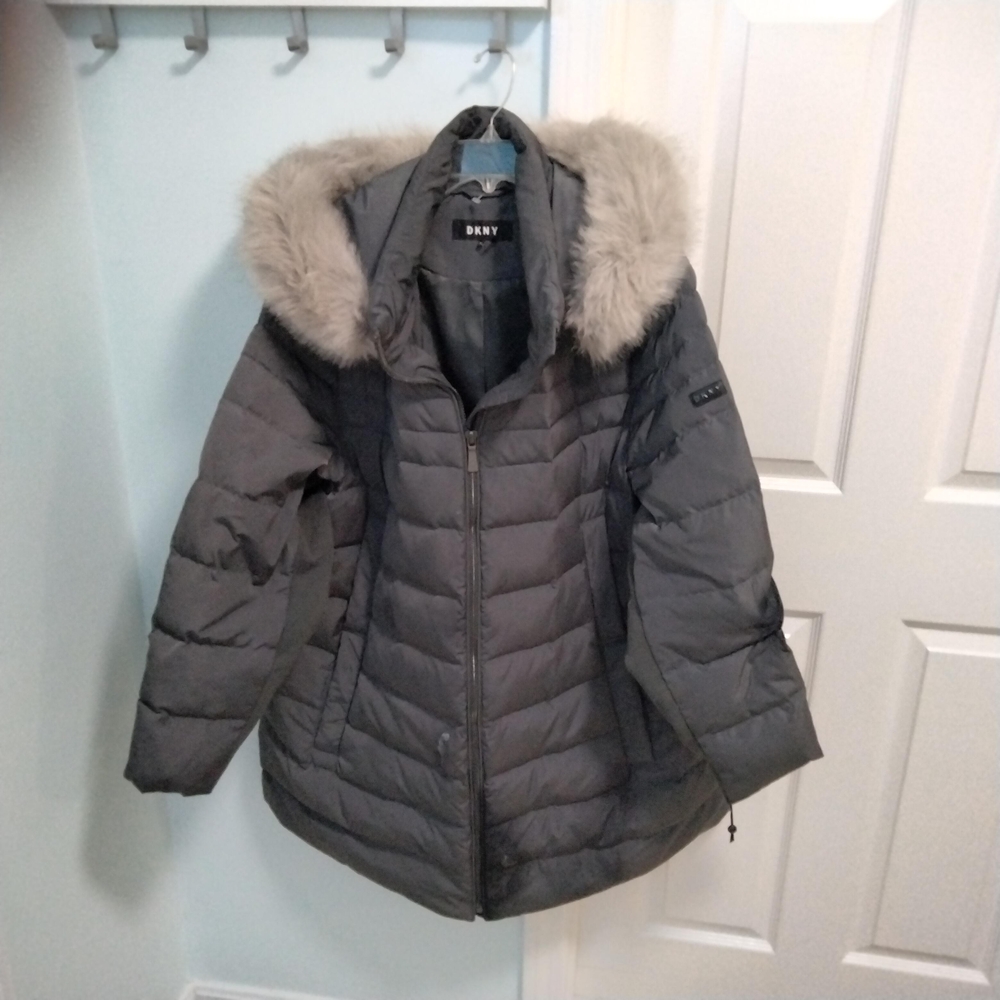 DKNY Gray Puffer Jacket with Faux Fur Hood